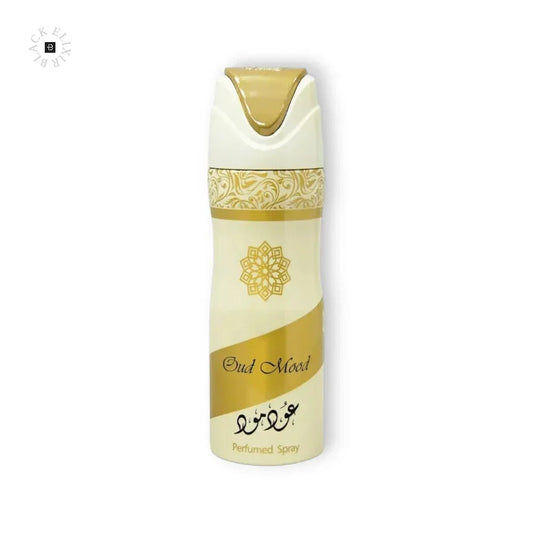 Weiß-goldenes Parfum-Spray Oud Mood mit edlem Muster und orientalischem Design auf weißem Hintergrund.