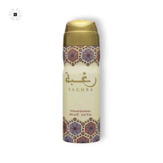 Raghba Parfum Deo Spray 200ml mit goldener Kappe und orientalischem Muster auf weißem Hintergrund