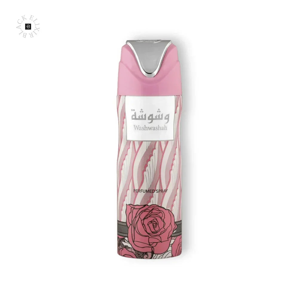Lattafa Washwasha Deo Spray, ein rosa Flakon mit Rosenmuster und arabischer Schrift.
