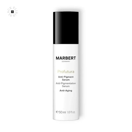 Marbert Profutura Anti-Pigment Serum Flasche, 50 ml, weiß mit schwarzem Deckel auf weißem Hintergrund