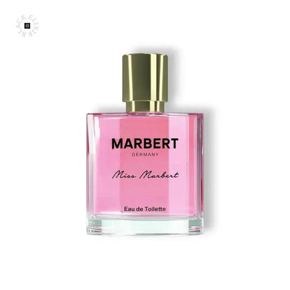 Pinkes Damenparfum Miss Marbert Eau de Toilette Flakon mit goldener Kappe auf weißem Hintergrund