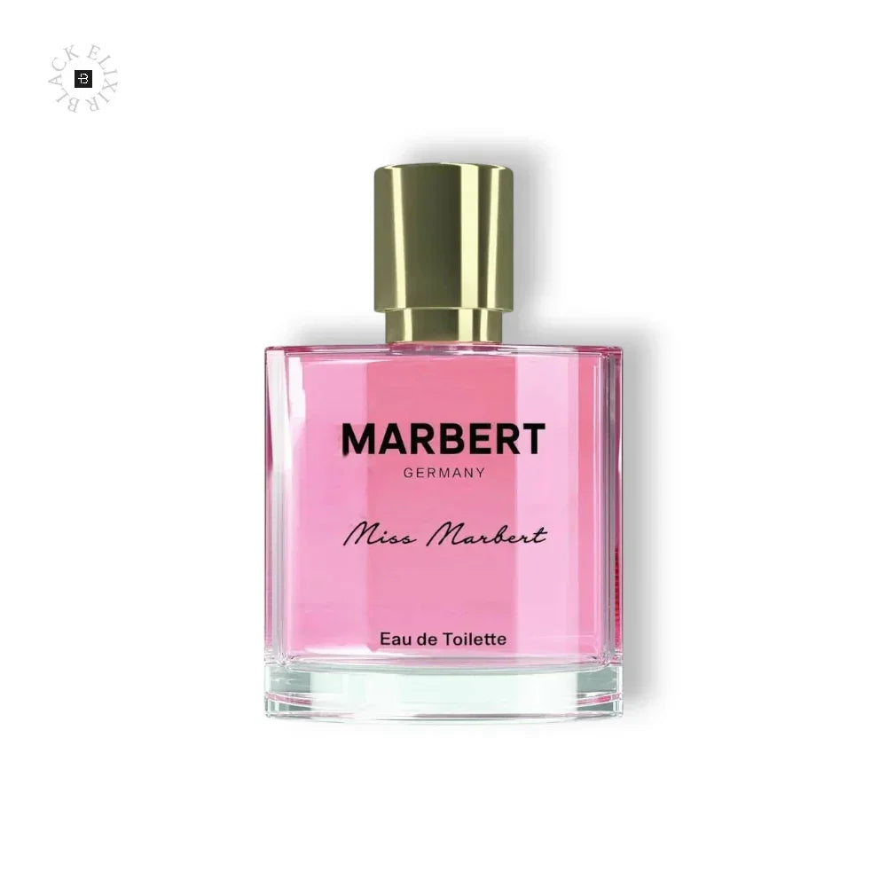 Ein quadratischer Glasflakon des Marbert Miss Marbert Eau de Toilette mit rosa Flüssigkeit.