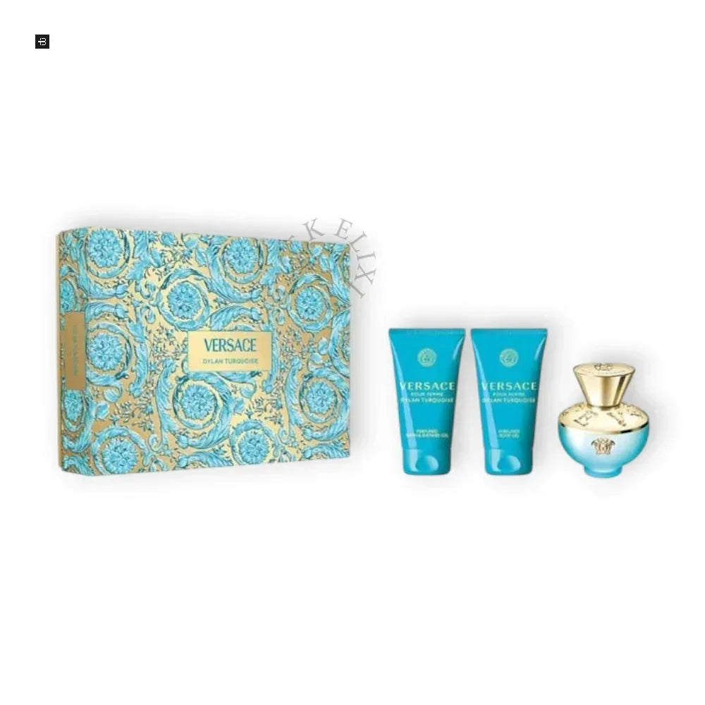 Luxus Parfum Geschenkset bestehend aus türkis-goldener Box, zwei Tuben und Flakon