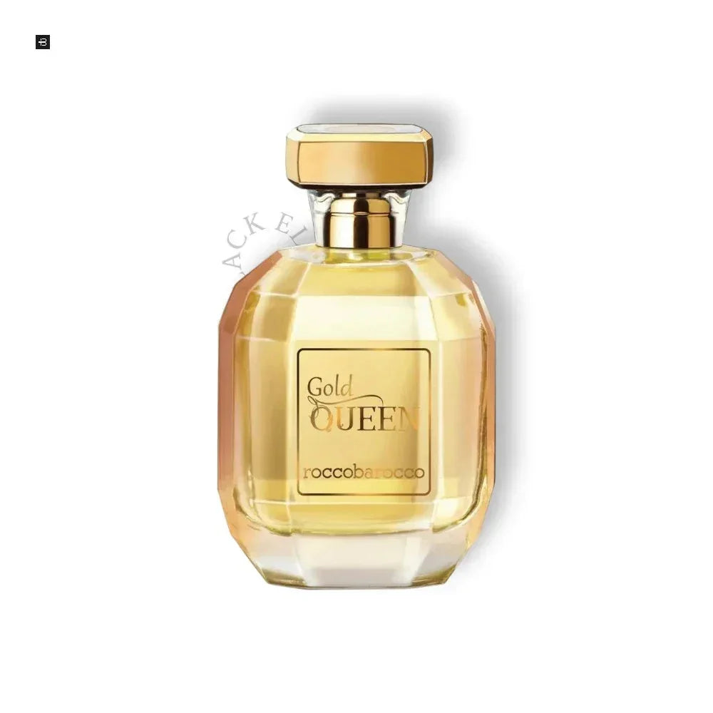 Luxus Damenparfum Gold Queen roccobarocco in goldener Flasche vor weißem Hintergrund