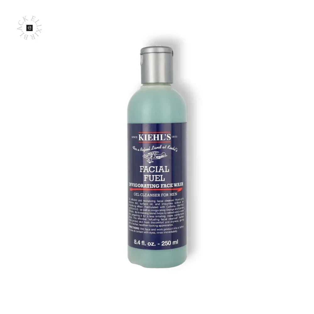 Kiehl's Facial Fuel Invigorating Face Wash, hellblaue Flasche mit silbernem Verschluss.