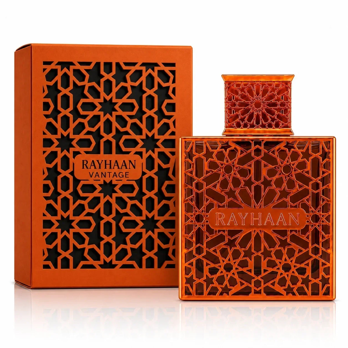 Rayhaan Vantage Eau de Parfum Flakon und orangefarbene Verpackung mit orientalischem Muster