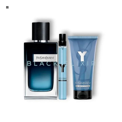 Y Men Eau de Parfum Set mit Parfümflakon, Duschgel und Reisezerstäuber auf weißem Hintergrund.