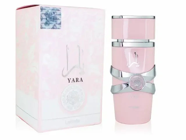 Yara Parfum in rosafarbener Flasche mit silbernen Akzenten und passender Box, luxuriöses Damenparfüm