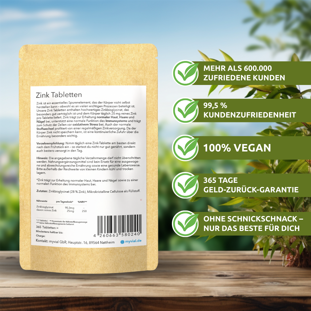 myvial Zink Tabletten Packung mit Nährwerttabelle und Qualitätsversprechen.